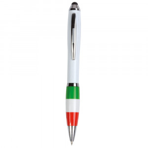 Penna twist in plastica con fusto bianco, impugnatura in tre colori e gommino per touch screen