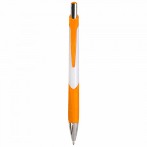 Penna a scatto in plastica con fusto bianco, impugatura gommata e a colori