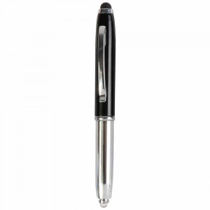 Mini penna in plastica color argento, con cappuccio e clip in metallo, con luce