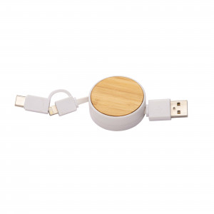 Cavo retrattile in bambù con adattatore USB-type C / lightning / microUSB 