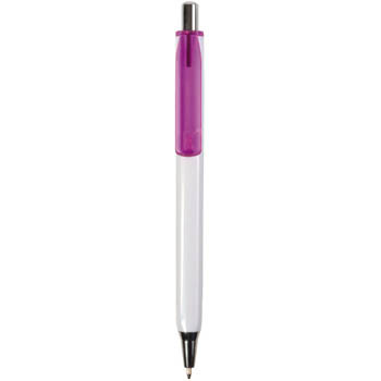 Penna a scatto in plastica, fusto bianco e clip a colori trasparente fluorescente