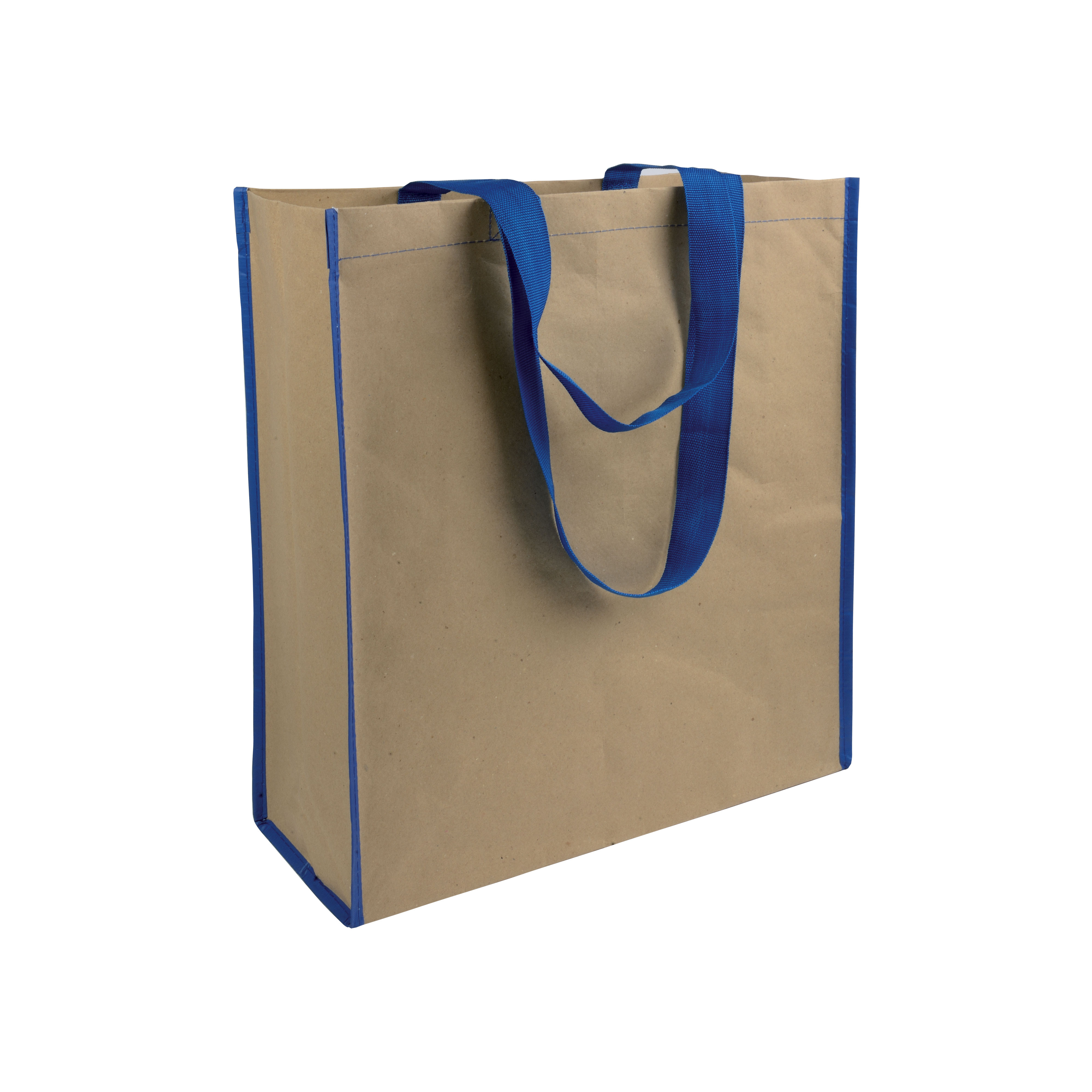 Borsa shopper con soffietto in carta con interno in PP 140 g / m2, dotata di manici lunghi a nastro a colori