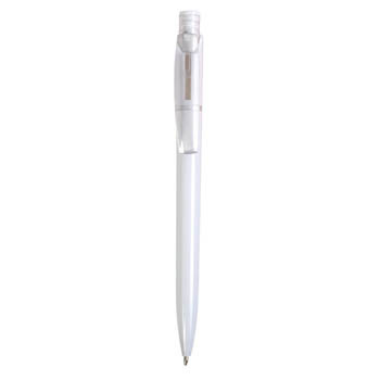 Penna a scatto in plastica con fusto bianco, clip e pulsante a colori