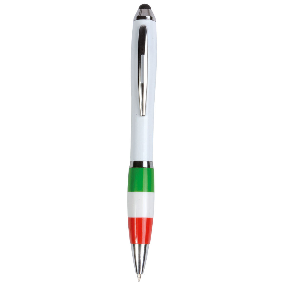 Penna twist in plastica con fusto bianco, impugnatura in tre colori e gommino per touch screen