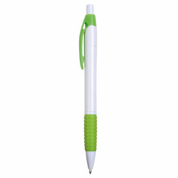 Penna a scatto in plastica con fusto bianco, impugnatura gommata e clip colorate