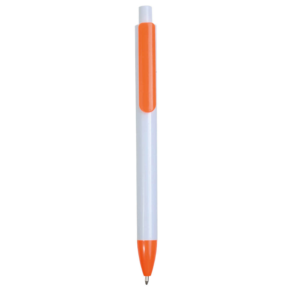 Penna a scatto in plastica con fusto bianco, clip e punta colorate