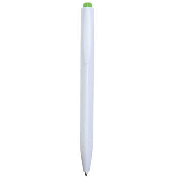 Penna a scatto in plastica a sezione triangolare, fusto bianco e pulsante a colori