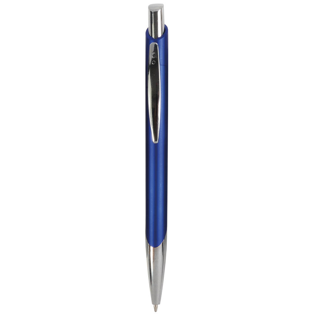 Penna a scatto in plastica, con fusto a colori metallizzato, punta e pulsante cromati