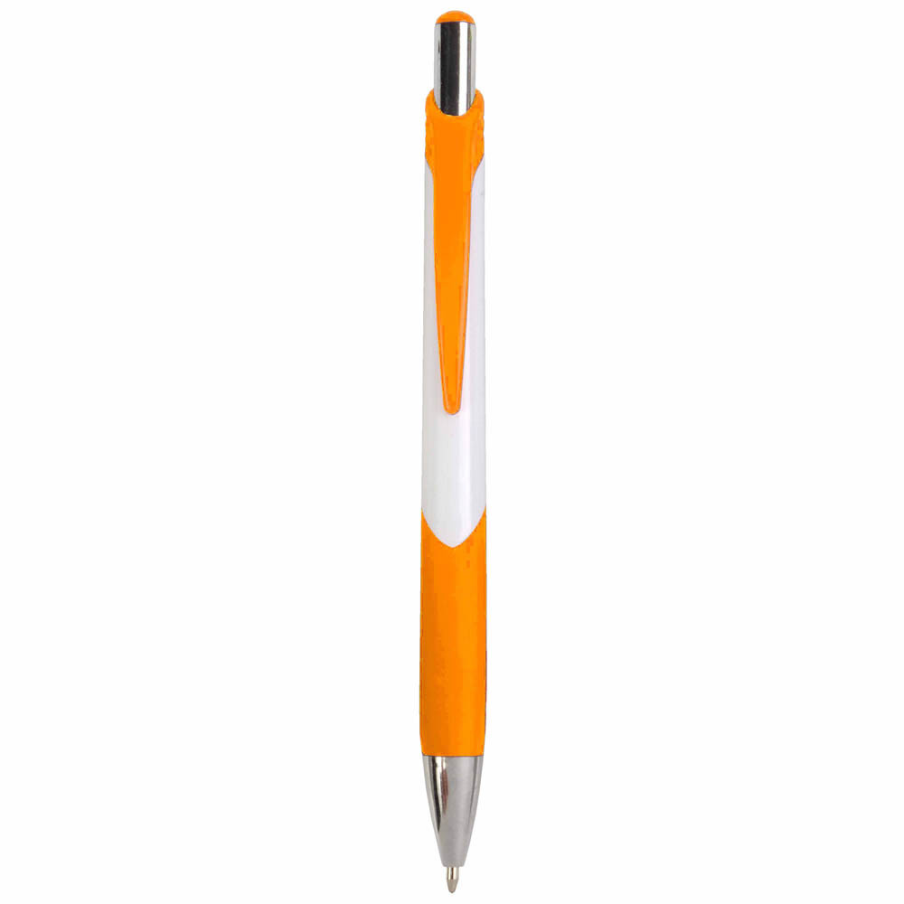Penna a scatto in plastica con fusto bianco, impugatura gommata e a colori