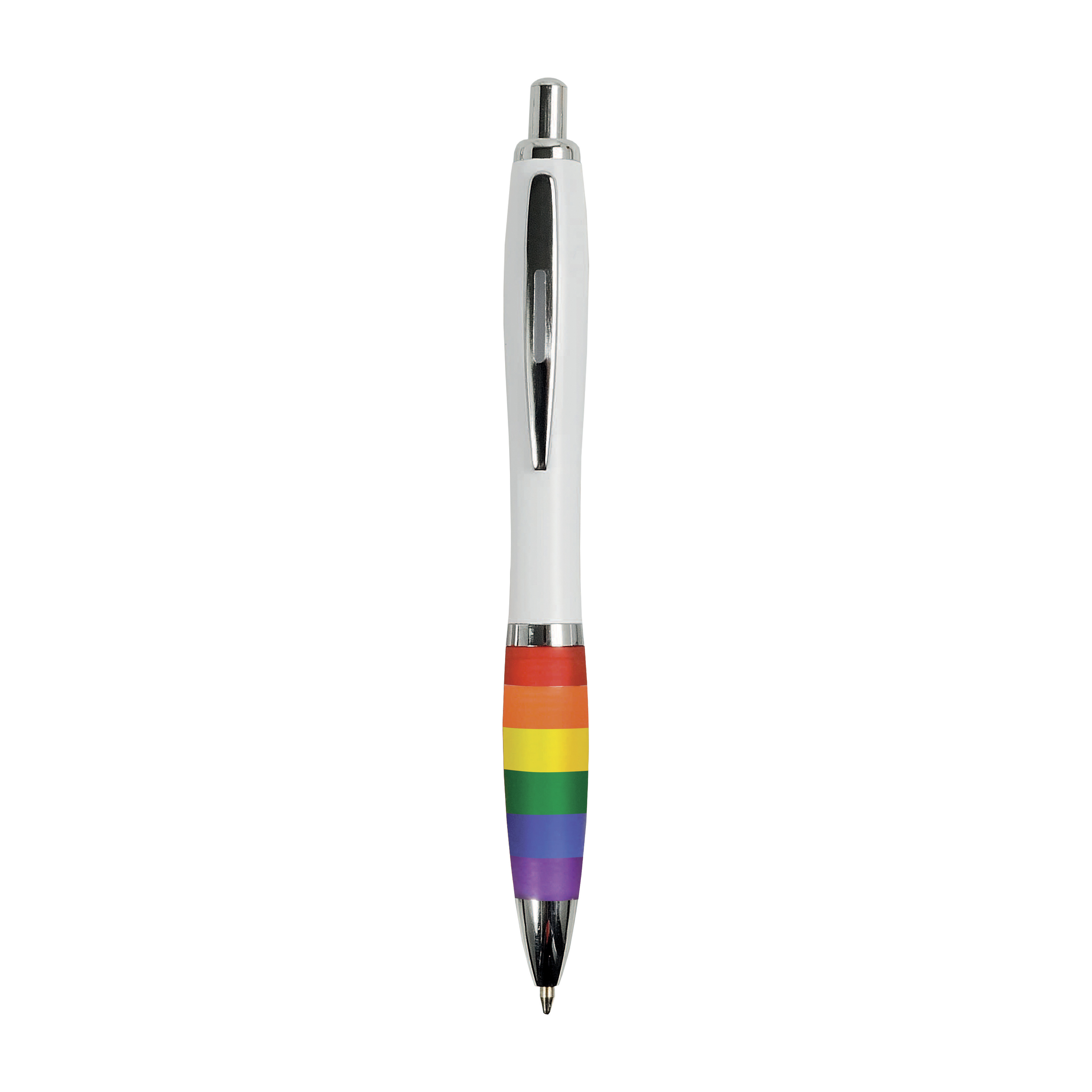 Penna a scatto in plastica resistente plastica ABS, con fusto bianco, impugnatura arcobaleno gommata