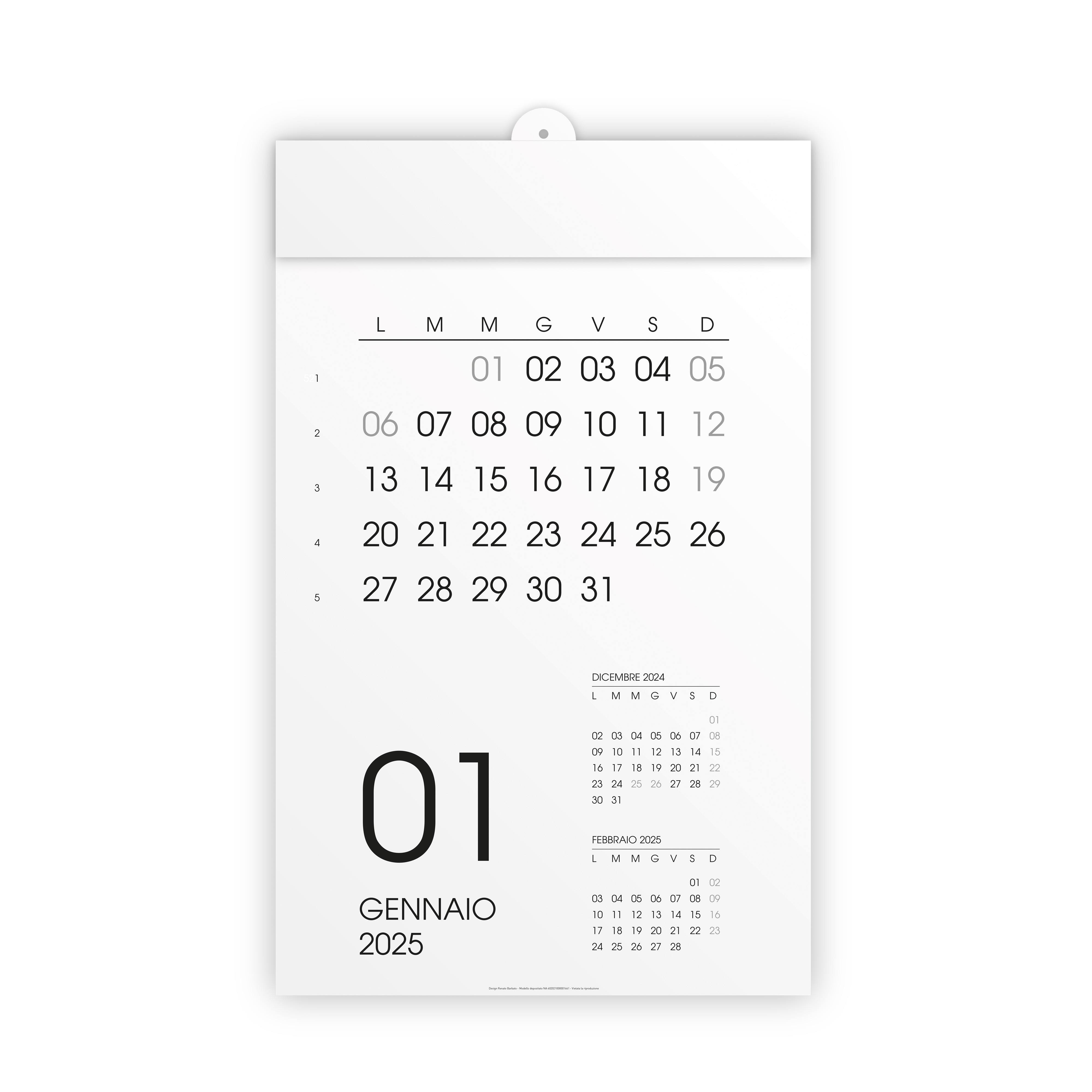 Calendario mensile da parete 2025, 12 mesi, su cartoncino bianco o nero, termosaldato